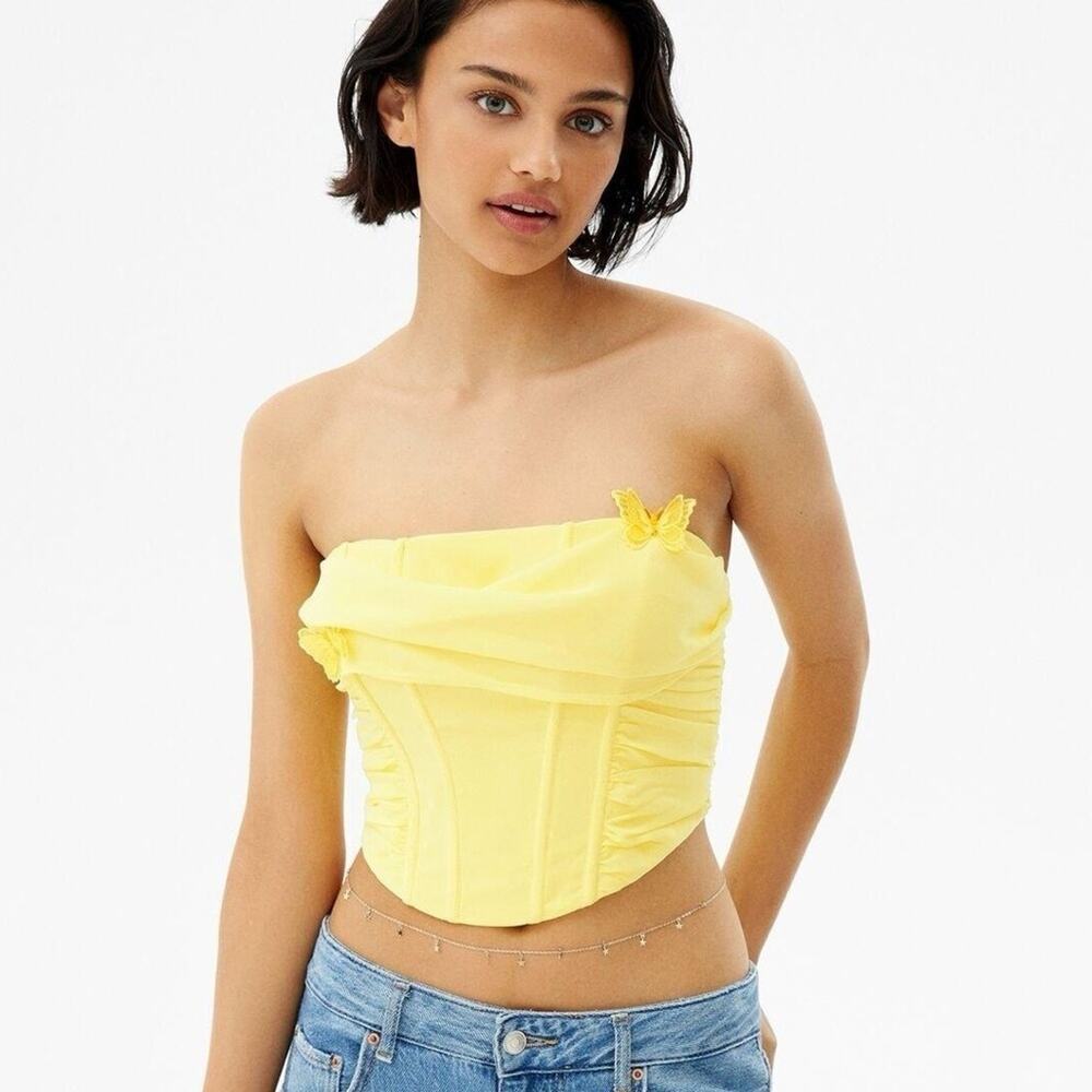 Bershka NWT Butterfly Detail Draped Front Corset Cropped Top Yellow Size Medium